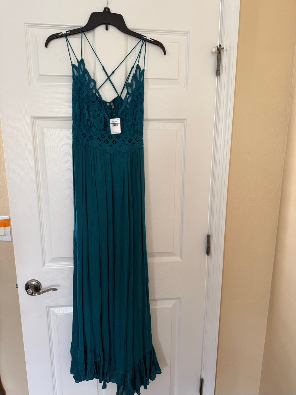 Free People Lace Teal Jewel Maxi Dress with Crisscross Straps size large. NWT